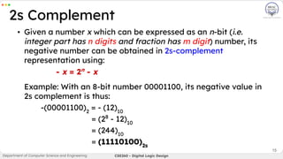 ▪ Given a number x which can be expressed as an n-bit (i.e.
integer part has n digits and fraction has m digit) number, its
negative number can be obtained in 2s-complement
representation using:
- x = 2n
- x
Example: With an 8-bit number 00001100, its negative value in
2s complement is thus:
-(00001100)2
= - (12)10
= (28
- 12)10
= (244)10
= (11110100)2s
15
2s Complement
Department of Computer Science and Engineering CSE260 - Digital Logic Design
 