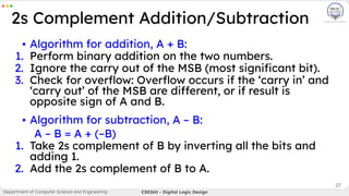 27
▪ Algorithm for addition, A + B:
1. Perform binary addition on the two numbers.
2. Ignore the carry out of the MSB (most signiﬁcant bit).
3. Check for overﬂow: Overﬂow occurs if the ‘carry in’ and
‘carry out’ of the MSB are different, or if result is
opposite sign of A and B.
▪ Algorithm for subtraction, A – B:
A – B = A + (–B)
1. Take 2s complement of B by inverting all the bits and
adding 1.
2. Add the 2s complement of B to A.
2s Complement Addition/Subtraction
Department of Computer Science and Engineering CSE260 - Digital Logic Design
 
