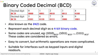 3
• Also known as the 8421 code.
• Represent each decimal digit as a 4-bit binary code.
• Some codes are unused, eg: (1010)BCD
, (1011) BCD
, …, (1111) BCD
.
These codes are considered as errors.
• Easy to convert, but arithmetic operations are more complicated.
• Suitable for interfaces such as keypad inputs and digital
readouts.
Binary Coded Decimal (BCD)
Department of Computer Science and Engineering CSE260 - Digital Logic Design
 