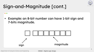 Department of Computer Science and Engineering CSE260 - Digital Logic Design
8
Sign-and-Magnitude [cont.]
• Example: an 8-bit number can have 1-bit sign and
7-bits magnitude.
sign magnitude
 