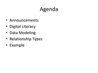Agenda
•   Announcements
•   Digital Literacy
•   Data Modeling
•   Relationship Types
•   Example
 