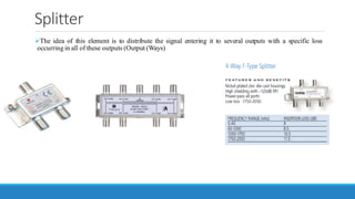 Splitter
➢The idea of this element is to distribute the signal entering it to several outputs with a specific loss
occurring in all of these outputs (Output (Ways)
 