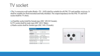 TV socket
➢The 3-connectorwall outlet (Radio -TV - SAT) shall be suitable for all FM, TV and satellite receivers. It
shall be suitable for flush mounted and fully shielded. The output impedance for the FM, TV and SAT
socket shall be 75 ohms.
➢a) Satellite socket shall be female type (IEC 169-24 Female).
b) TV socket shall be male type (IEC 169-2 Male).
c) Radio socket shall be female type (IEC 169-2 Female).
 