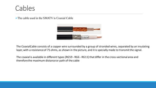 Cables
➢The cable used in the SMATV is Coaxial Cable
The CoaxialCable consists of a copper wire surrounded by a group of stranded wires, separated by an insulating
layer, with a resistanceof 75 ohms, as shown in the picture, and it is specially made to transmitthe signal.
The coaxial is available in different types (RG59- RG6 - RG11)thatdiffer in the cross-sectionalarea and
thereforethe maximum distanceor path of the cable
 