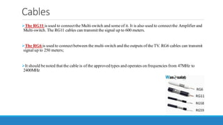 Cables
➢The RG11 is used to connect the Multi-switch and some of it. It is also used to connect the Amplifier and
Multi-switch. The RG11 cables can transmit the signal up to 600 meters.
➢The RG6 is used to connect between the multi-switch and the outputs of the TV. RG6 cables can transmit
signal up to 250 meters;
➢It should be noted that the cable is of the approved types and operates on frequencies from 47MHz to
2400MHz
 