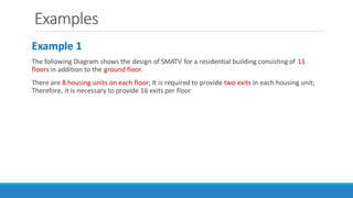 Examples
Example 1
The following Diagram shows the design of SMATV for a residential building consisting of 11
floors in addition to the ground floor.
There are 8 housing units on each floor; It is required to provide two exits in each housing unit;
Therefore, it is necessary to provide 16 exits per floor
 