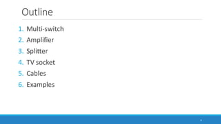 Outline
1. Multi-switch
2. Amplifier
3. Splitter
4. TV socket
5. Cables
6. Examples
4
 