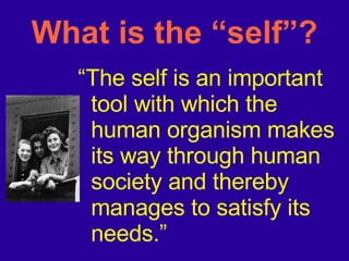 What is the “self”? “ The self is an important tool with which the human organism makes its way through human society and thereby manages to satisfy its needs.” 