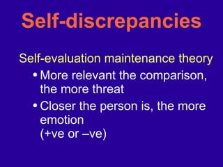 Self-discrepancies Self-evaluation maintenance theory More relevant the comparison, the more threat Closer the person is, the more emotion (+ve or –ve) 