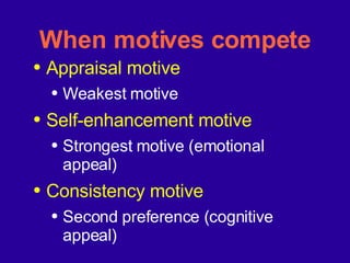 When motives compete Appraisal motive Weakest motive Self-enhancement motive Strongest motive (emotional appeal) Consistency motive Second preference (cognitive appeal) 