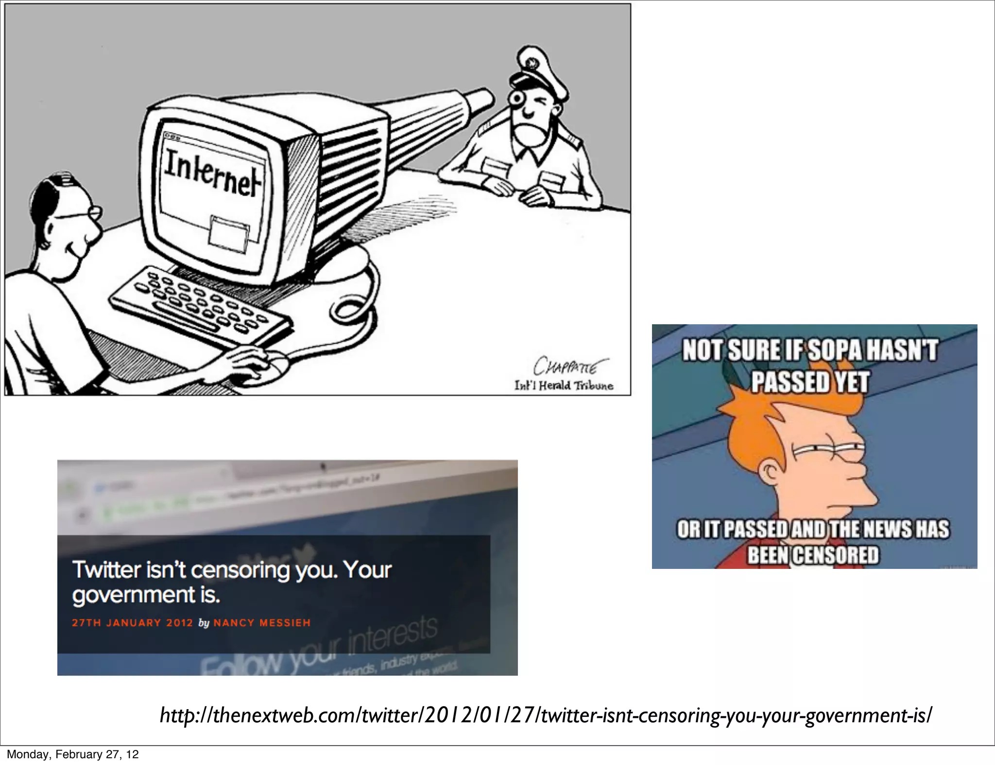 http://thenextweb.com/twitter/2012/01/27/twitter-isnt-censoring-you-your-government-is/
Monday, February 27, 12
 