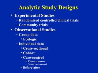 Analytic Study Designs
• Experimental Studies
– Randomized controlled clinical trials
– Community trials
• Observational Studies
– Group data
• Ecologic
– Individual data
• Cross-sectional
• Cohort
• Case-control
– Case-crossover
– Nested case –control
• Before-after
 