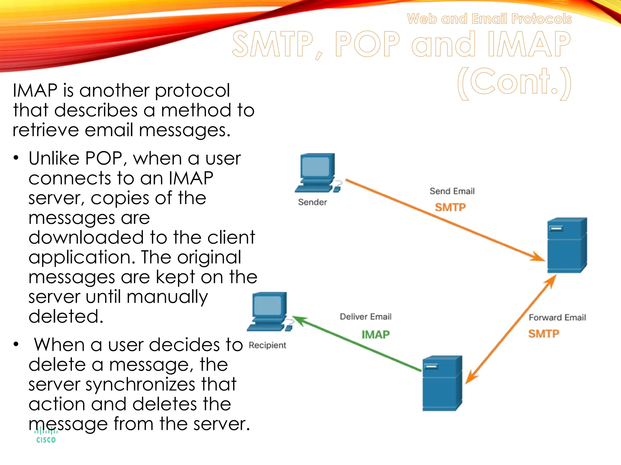 Web and Email Protocols
SMTP, POP and IMAP
(Cont.)
IMAP is another protocol
that describes a method to
retrieve email messages.
• Unlike POP, when a user
connects to an IMAP
server, copies of the
messages are
downloaded to the client
application. The original
messages are kept on the
server until manually
deleted.
• When a user decides to
delete a message, the
server synchronizes that
action and deletes the
message from the server.
 