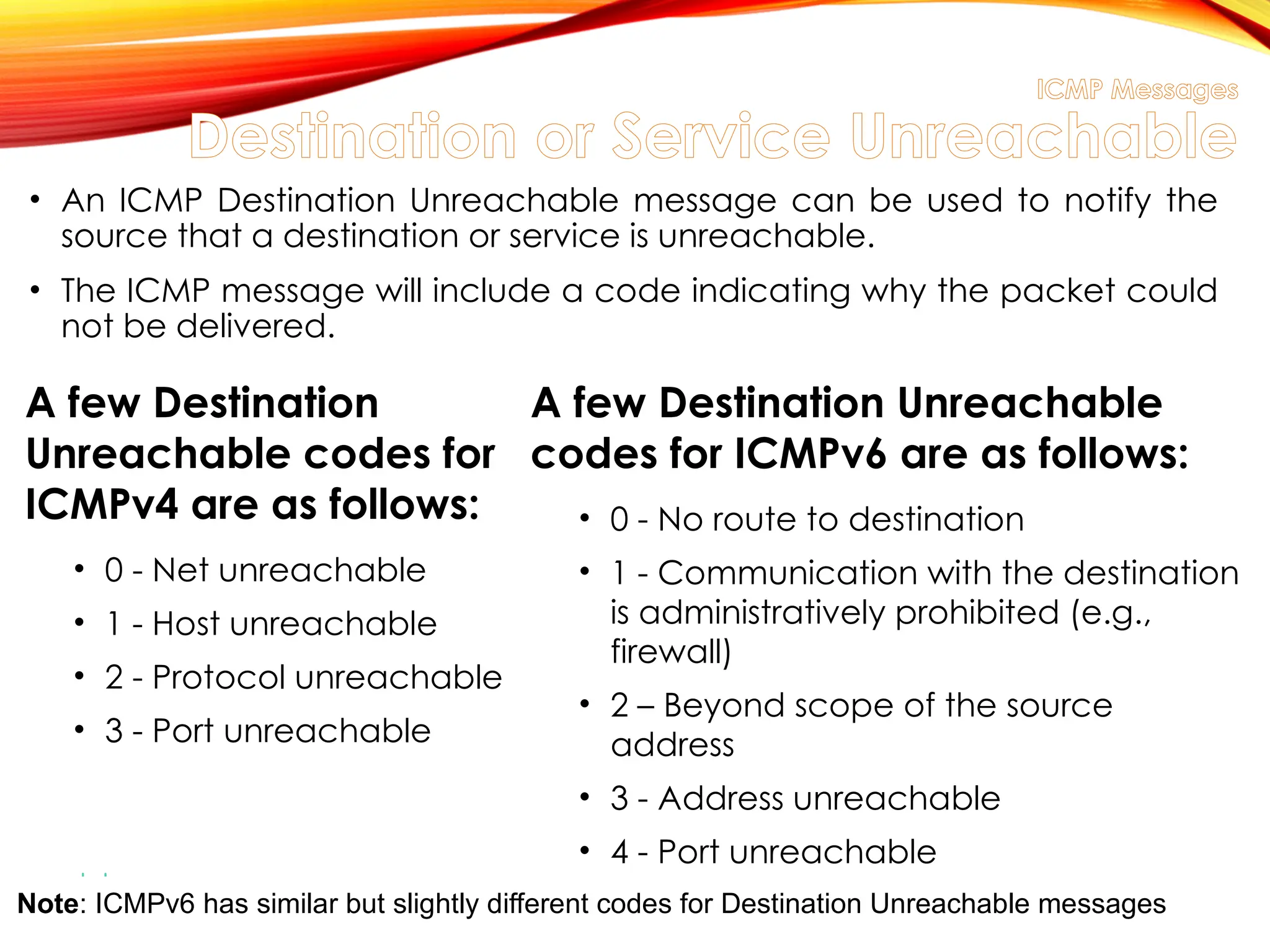 ICMP Messages
Destination or Service Unreachable
• An ICMP Destination Unreachable message can be used to notify the
source that a destination or service is unreachable.
• The ICMP message will include a code indicating why the packet could
not be delivered.
A few Destination
Unreachable codes for
ICMPv4 are as follows:
• 0 - Net unreachable
• 1 - Host unreachable
• 2 - Protocol unreachable
• 3 - Port unreachable
A few Destination Unreachable
codes for ICMPv6 are as follows:
• 0 - No route to destination
• 1 - Communication with the destination
is administratively prohibited (e.g.,
firewall)
• 2 – Beyond scope of the source
address
• 3 - Address unreachable
• 4 - Port unreachable
Note: ICMPv6 has similar but slightly different codes for Destination Unreachable messages
 
