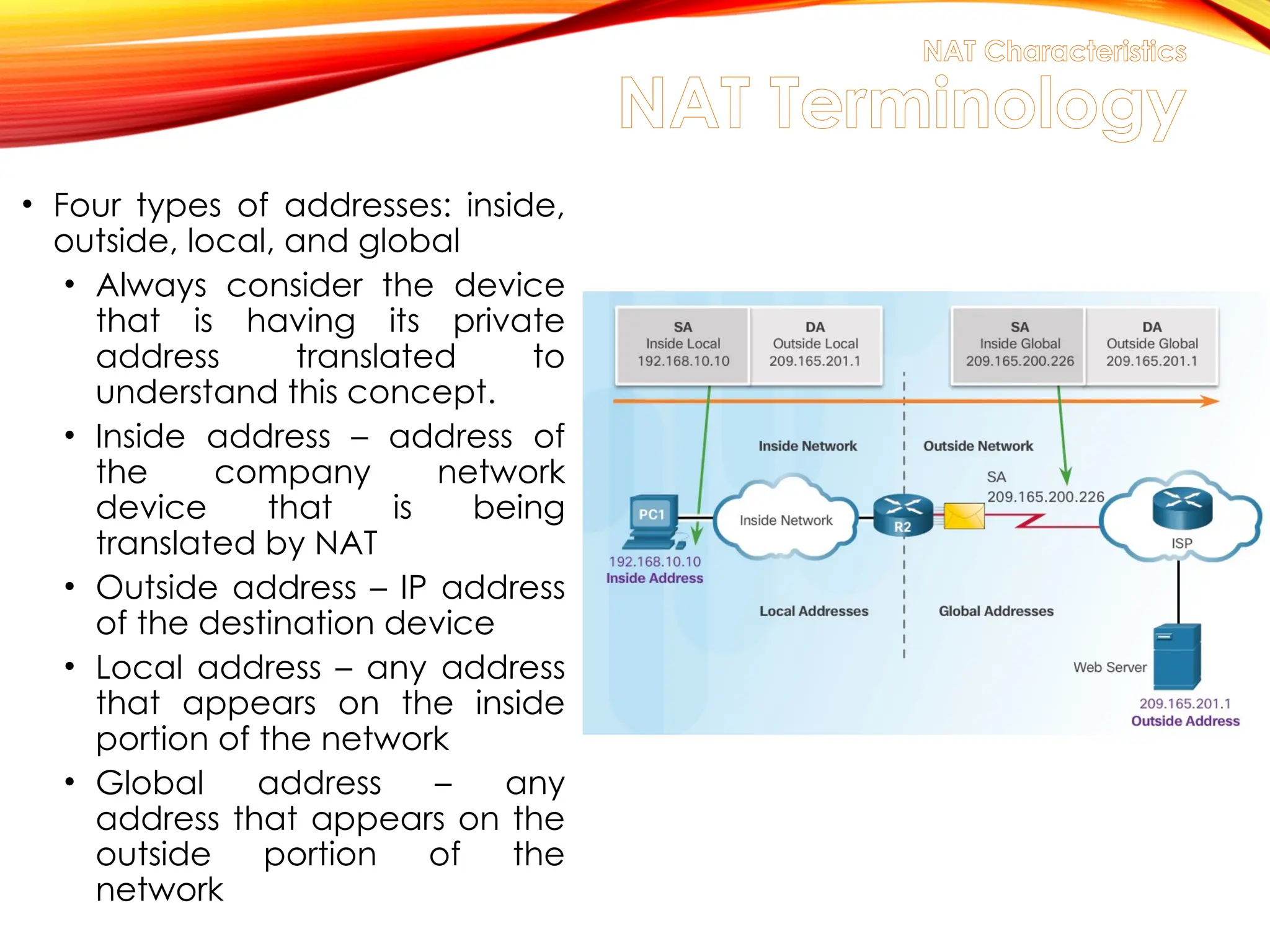 NAT Characteristics
NAT Terminology
• Four types of addresses: inside,
outside, local, and global
• Always consider the device
that is having its private
address translated to
understand this concept.
• Inside address – address of
the company network
device that is being
translated by NAT
• Outside address – IP address
of the destination device
• Local address – any address
that appears on the inside
portion of the network
• Global address – any
address that appears on the
outside portion of the
network
 