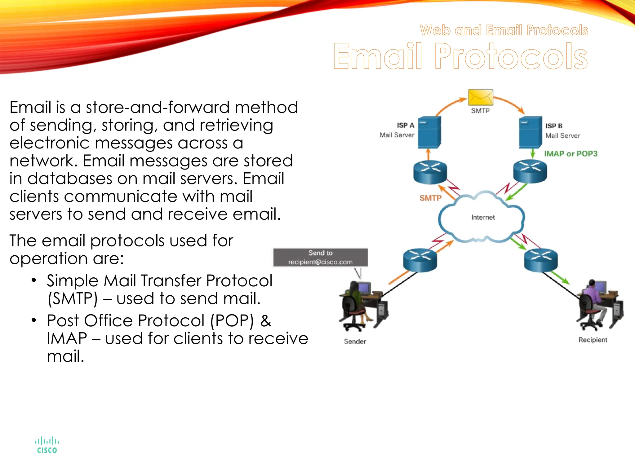 Web and Email Protocols
Email Protocols
Email is a store-and-forward method
of sending, storing, and retrieving
electronic messages across a
network. Email messages are stored
in databases on mail servers. Email
clients communicate with mail
servers to send and receive email.
The email protocols used for
operation are:
• Simple Mail Transfer Protocol
(SMTP) – used to send mail.
• Post Office Protocol (POP) &
IMAP – used for clients to receive
mail.
 