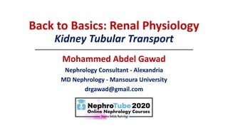 Back to Basics: Renal Physiology
Kidney Tubular Transport
Mohammed Abdel Gawad
Nephrology Consultant - Alexandria
MD Nephrology - Mansoura University
drgawad@gmail.com
 