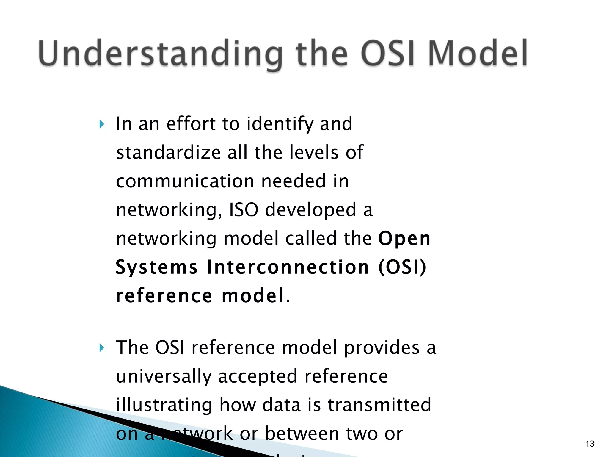 In an effort to identify and standardize all the levels of communication needed in networking, ISO developed a networking model called the  Open Systems Interconnection (OSI) reference model . The OSI reference model provides a universally accepted reference illustrating how data is transmitted on a network or between two or more networked devices. 