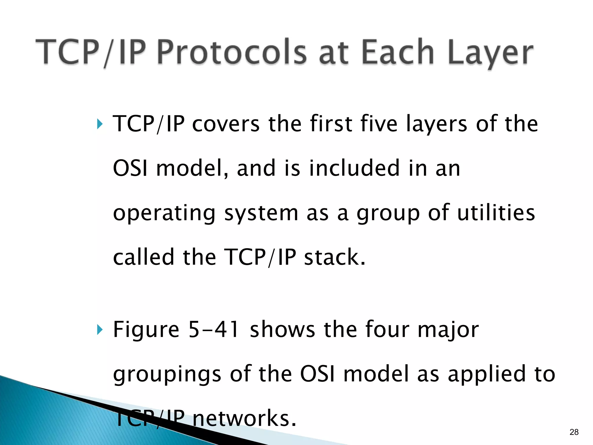 TCP/IP covers the first five layers of the OSI model, and is included in an operating system as a group of utilities called the TCP/IP stack. Figure 5-41 shows the four major groupings of the OSI model as applied to TCP/IP networks. 