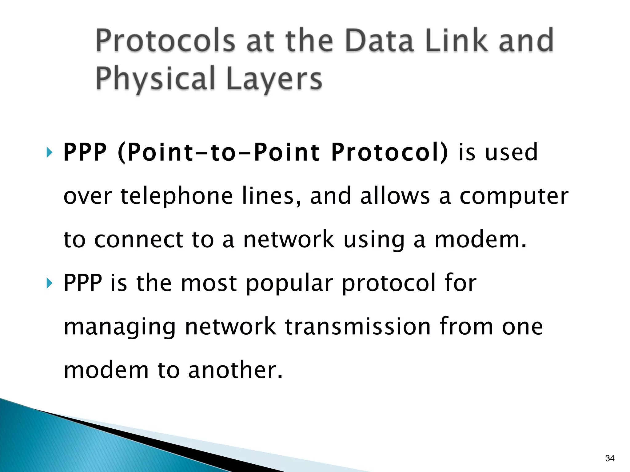 PPP (Point-to-Point Protocol)  is used over telephone lines, and allows a computer to connect to a network using a modem. PPP is the most popular protocol for managing network transmission from one modem to another. 