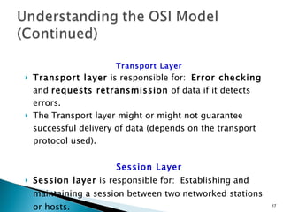 Transport Layer Transport layer  is responsible for:  Error checking  and  requests retransmission  of data if it detects errors. The Transport layer might or might not guarantee successful delivery of data (depends on the transport protocol used). Session Layer Session layer  is responsible for:  Establishing and maintaining a session between two networked stations or hosts. A  host  is any computer or other device on a network that has been assigned an IP address. 