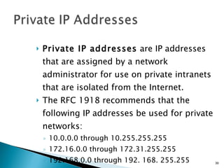 Private IP addresses  are IP addresses that are assigned by a network administrator for use on private intranets that are isolated from the Internet. The RFC 1918 recommends that the following IP addresses be used for private networks: 10.0.0.0 through 10.255.255.255 172.16.0.0 through 172.31.255.255 192.168.0.0 through 192. 168. 255.255 