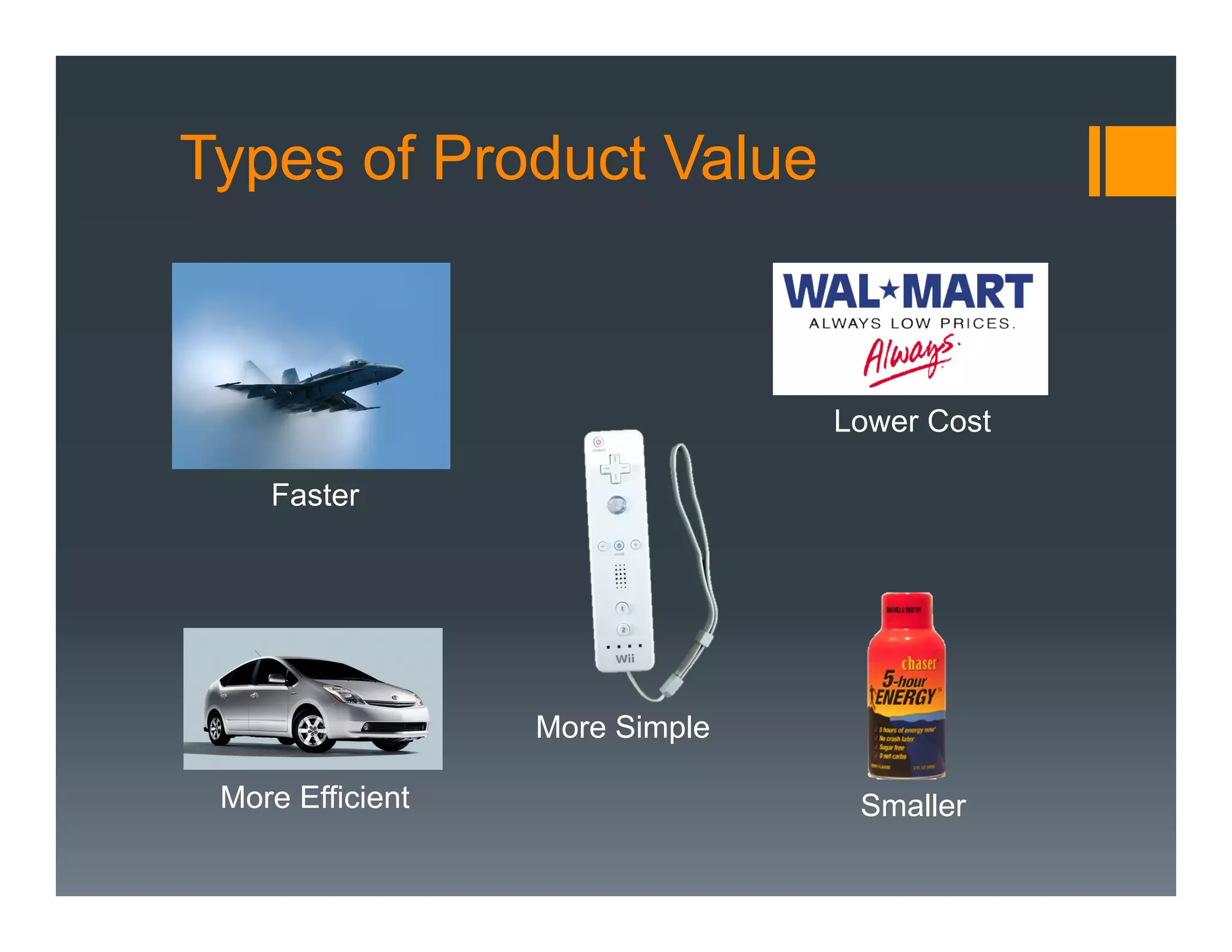 Types of Product Value



                                Lower Cost

    Faster




                  More Simple

 More Efficient                  Smaller
 