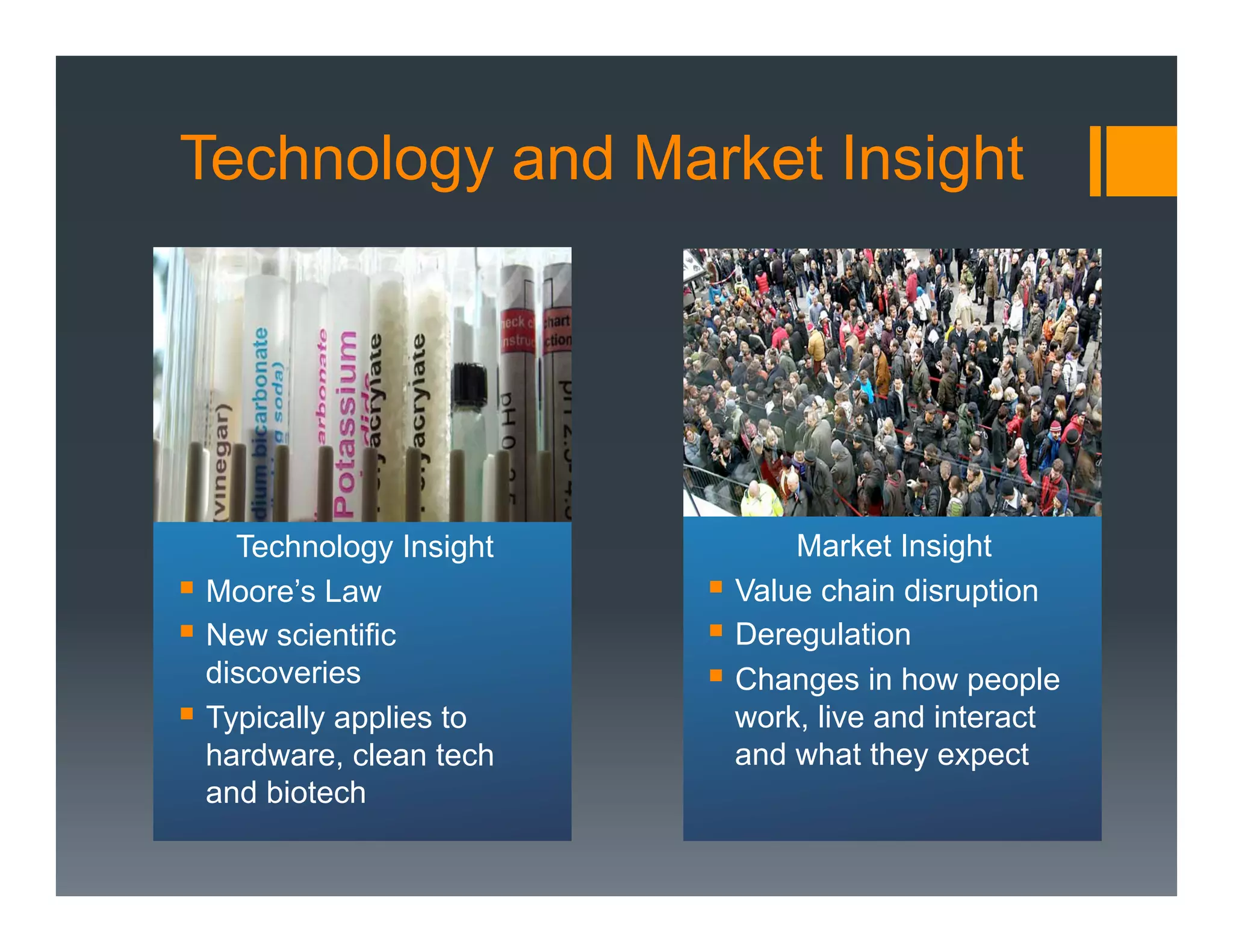 Technology and Market Insight




      Technology Insight           Market Insight
§  Moore’s Law            §  Value chain disruption
§  New scientific         §  Deregulation
    discoveries            §  Changes in how people
§  Typically applies to       work, live and interact
    hardware, clean tech       and what they expect
    and biotech
 