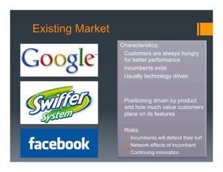 Existing Market
                  Characteristics:
                  §  Customers are always hungry
                      for better performance
                  §  Incumbents exist
                  §  Usually technology driven



                  §  Positioning driven by product
                      and how much value customers
                      place on its features

                  §  Risks:
                     §  Incumbents will defend their turf
                     §  Network effects of incumbent
                     §  Continuing innovation
 