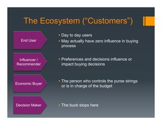 The Ecosystem (“Customers”)
                 §  Day to day users
  End User       §  May actually have zero influence in buying
                     process


 Influencer /    §  Preferences and decisions influence or
Recommender          impact buying decisions



                 §  The person who controls the purse strings
Economic Buyer
                     or is in charge of the budget



Decision Maker   §  The buck stops here
 
