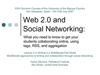 Web 2.0 and    Social Networking: What you need to know to get your students collaborating online, using tags, RSS, and aggregation Lecture 2 in Writing in a Multiliterate Flat World Multiliterate approaches to writing and collaboration through social networking Vance Stevens, Petroleum Institute Abu Dhabi, United Arab Emirates XXVI Summer Courses of the University of the Basque Country San Sebastian, Spain, 11th-13th July 2007 