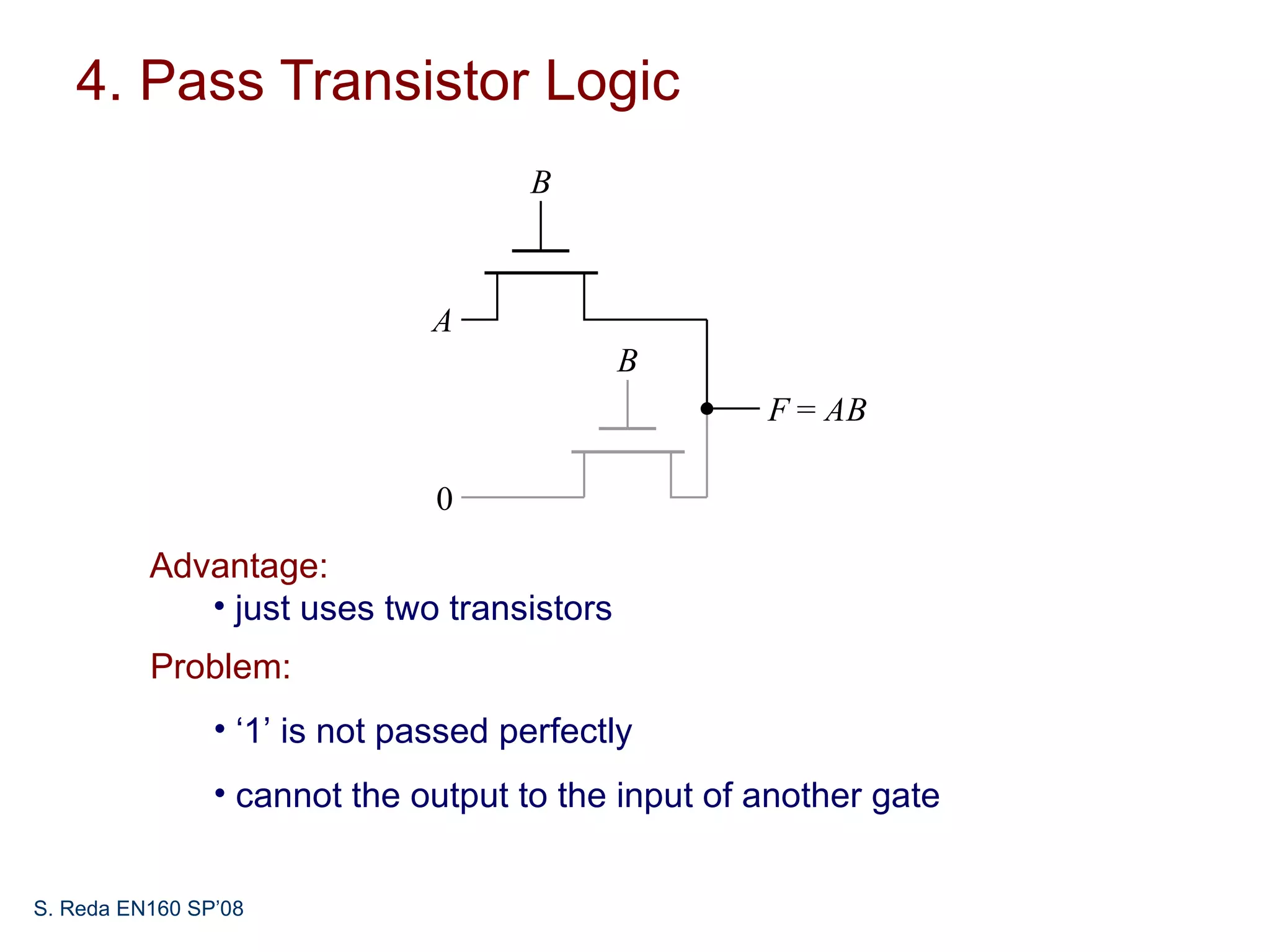 4. Pass Transistor Logic
                                     B



                               A
                                           B
                                                    F = AB

                               0

          Advantage:
             • just uses two transistors
          Problem:
                • ‘1’ is not passed perfectly
                • cannot the output to the input of another gate


S. Reda EN160 SP’08
 