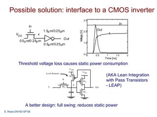 Possible solution: interface to a CMOS inverter
                                                                            3.0
                                                                                                      In
                 In
                             1.5µ m/0.25 µm                                         Out




                                                              Voltage [V]
                                                                            2.0
        VD D           x                                                                       x
                                               Out
           0.5 µ m/0.25µ m
                                                                            1.0
                             0.5µ m/0.25 µm

                                                                            0.00   0.5     1       1.5     2
                                                                                          Time [ns]

          Threshold voltage loss causes static power consumption
                                                     V DD
                                                                        V DD
                              Level Restorer
                                                     Mr                                   (AKA Lean Integration
                                               B
                                                                            M2            with Pass Transistors
                                A              Mn
                                                          X
                                                                                   Out
                                                                                          - LEAP)
                                                                            M1




               A better design: full swing; reduces static power
S. Reda EN160 SP’08
 