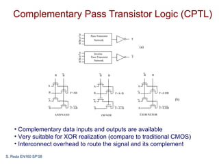 Complementary Pass Transistor Logic (CPTL)
                                            A
                                                Pass-Transistor
                                            A                                  F
                                            B     Network
                                            B
                                                                                   (a)
                                            A     Inverse
                                            A   Pass-Transistor                F
                                            B
                                            B     Network




                          B   B                         B         B                      B   B


                      A                           A                                A

                      B              F=AB         B                   F=A+B        A             F=A ⊕Β

                      A                           A                                A                      (b)

                      B              F=AB          B                  F =A+B       A             F=A ⊕Β

                          AND/NAND                       OR/NOR                    EXOR/NEXOR




    • Complementary data inputs and outputs are available
    • Very suitable for XOR realization (compare to traditional CMOS)
    • Interconnect overhead to route the signal and its complement
S. Reda EN160 SP’08
 