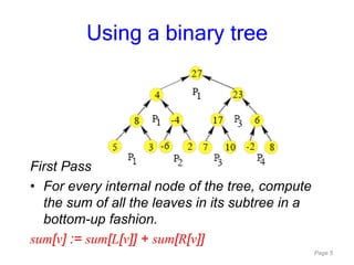 Page 5
First Pass
• For every internal node of the tree, compute
the sum of all the leaves in its subtree in a
bottom-up fashion.
sum[v] := sum[L[v]] + sum[R[v]]
Using a binary tree
 