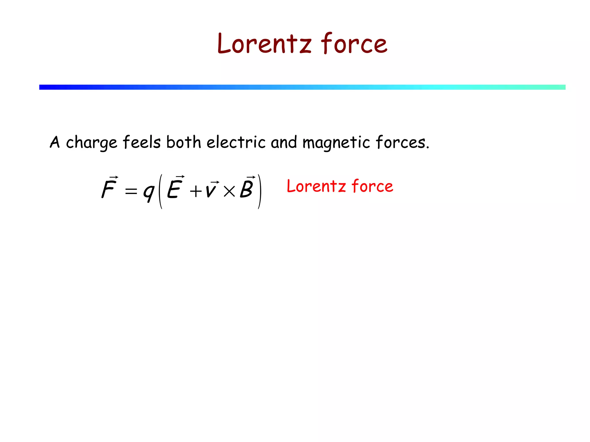 Lorentz force

A charge feels both electric and magnetic forces.

r r r
r
F = q E +v × B

(

)

Lorentz force

 