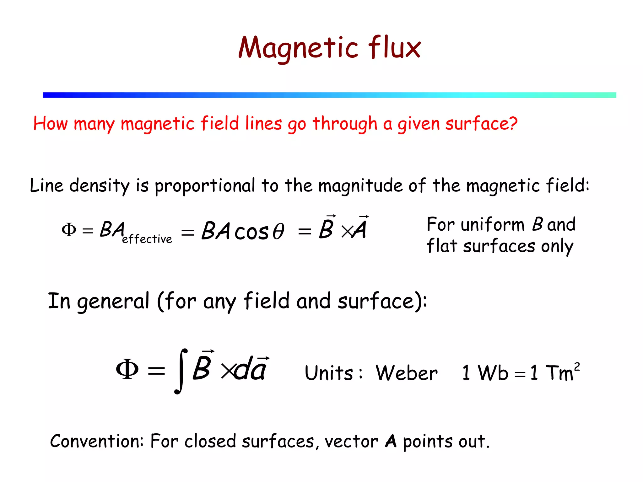 Magnetic flux
How many magnetic field lines go through a given surface?
Line density is proportional to the magnitude of the magnetic field:

Φ = BAeffective

r r
A
= BA cos θ = B ×

For uniform B and
flat surfaces only

In general (for any field and surface):

r r
Φ = ∫B ×
da

Units : Weber

1 Wb = 1 Tm2

Convention: For closed surfaces, vector A points out.

 