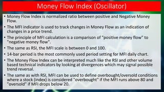 Money Flow Index (Oscillator)
• Money Flow Index is normalized ratio between positive and Negative Money
Flow.
• The MFI indicator is used to track changes in Money Flow as an indication of
changes in a price trend.
• The principle of MFI calculation is a comparison of "positive money flow" to
"negative money flow".
• The same as RSI, the MFI scale is between 0 and 100.
• 14-bar period is the most commonly used period setting for MFI daily chart.
• The Money Flow Index can be interpreted much like the RSI and other volume
based technical indicators by looking at divergences which may signal possible
trend reversal.
• The same as with RSI, MFI can be used to define overbought/oversold conditions
where a stock (index) is considered "overbought" if the MFI runs above 80 and
"oversold" if MFI drops below 20.
 
