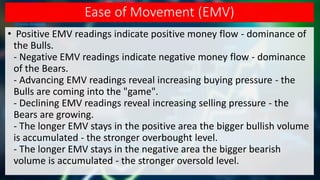 Ease of Movement (EMV)
• Positive EMV readings indicate positive money flow - dominance of
the Bulls.
- Negative EMV readings indicate negative money flow - dominance
of the Bears.
- Advancing EMV readings reveal increasing buying pressure - the
Bulls are coming into the "game".
- Declining EMV readings reveal increasing selling pressure - the
Bears are growing.
- The longer EMV stays in the positive area the bigger bullish volume
is accumulated - the stronger overbought level.
- The longer EMV stays in the negative area the bigger bearish
volume is accumulated - the stronger oversold level.
 