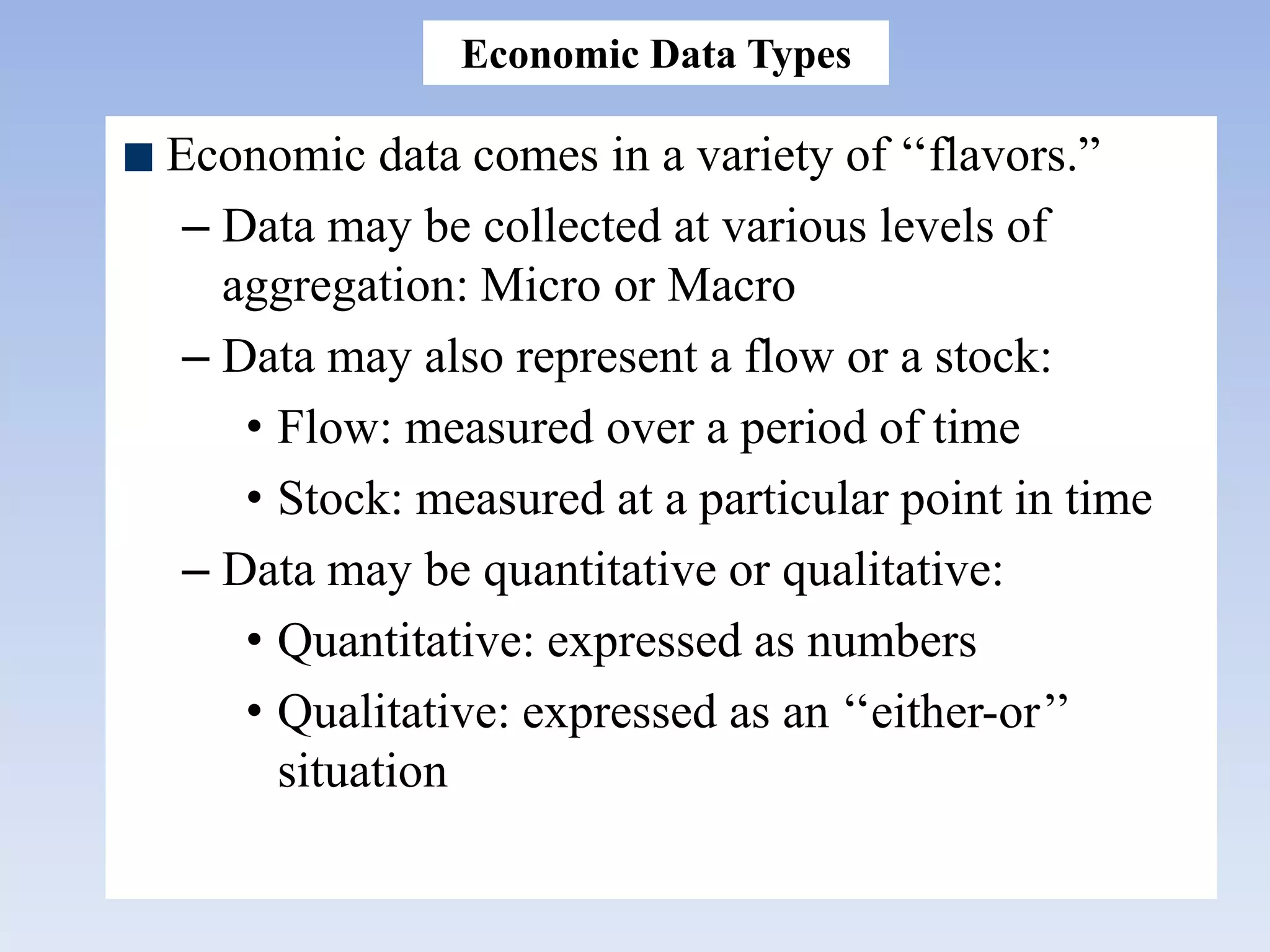 Economic data comes in a variety of „„flavors.”
– Data may be collected at various levels of
aggregation: Micro or Macro
– Data may also represent a flow or a stock:
• Flow: measured over a period of time
• Stock: measured at a particular point in time
– Data may be quantitative or qualitative:
• Quantitative: expressed as numbers
• Qualitative: expressed as an „„either-or‟‟
situation
Economic Data Types
 