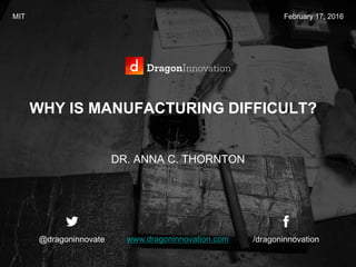 @dragoninnovate /dragoninnovationwww.dragoninnovation.com
WHY IS MANUFACTURING DIFFICULT?
DR. ANNA C. THORNTON
MIT February 17, 2016
 