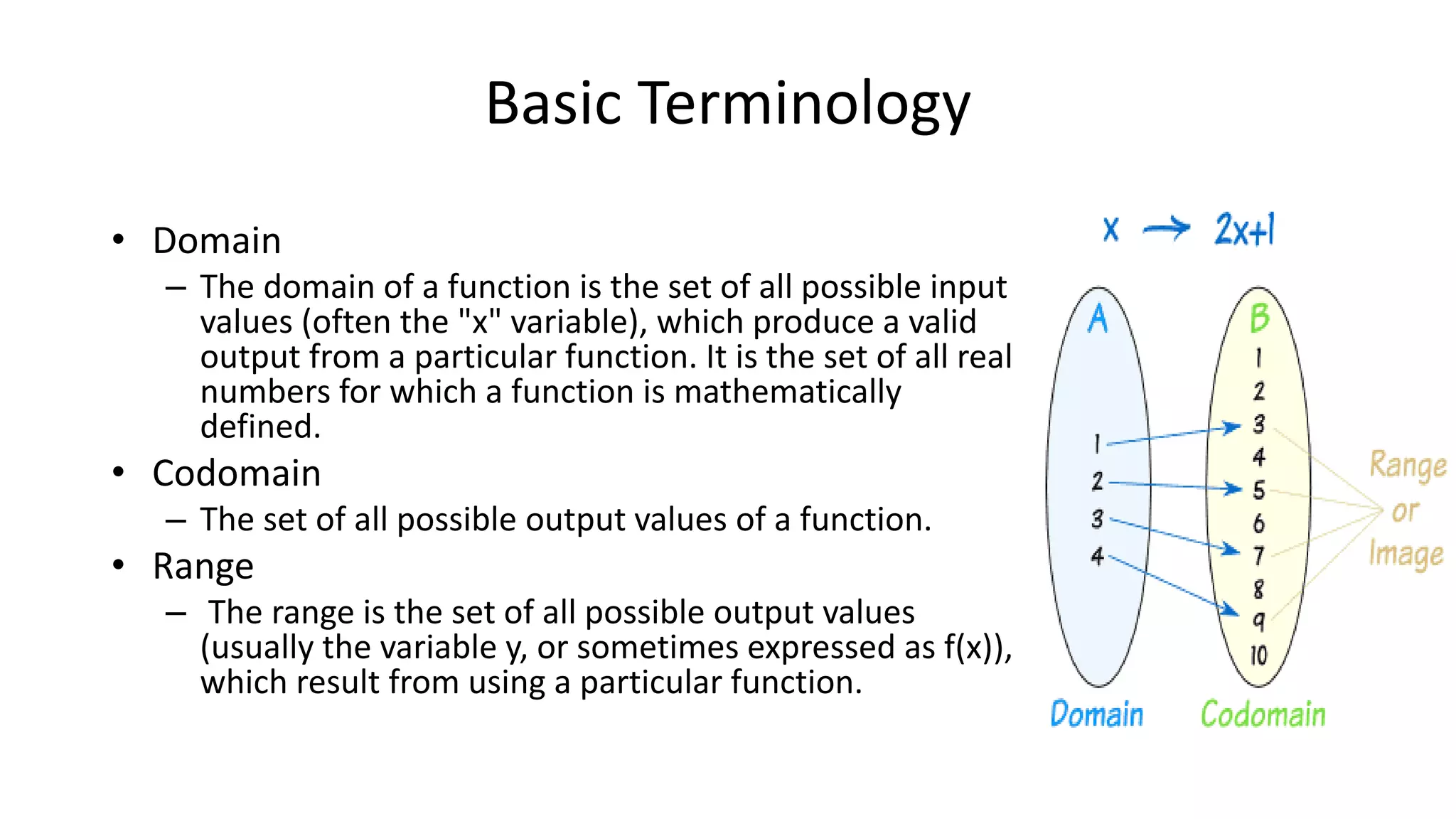 Basic Terminology
• Domain
– The domain of a function is the set of all possible input
values (often the "x" variable), which produce a valid
output from a particular function. It is the set of all real
numbers for which a function is mathematically
defined.
• Codomain
– The set of all possible output values of a function.
• Range
– The range is the set of all possible output values
(usually the variable y, or sometimes expressed as f(x)),
which result from using a particular function.
 