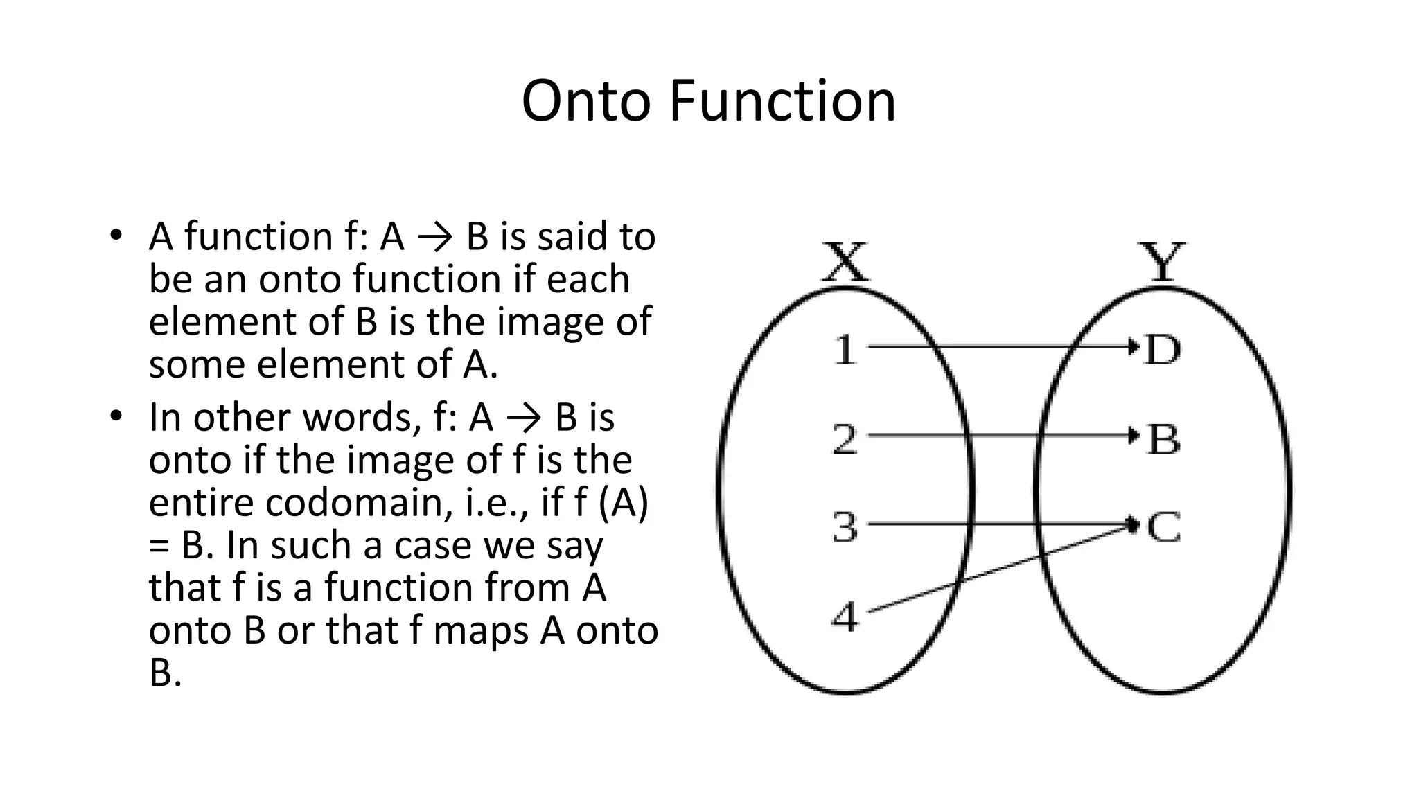 Onto Function
• A function f: A → B is said to
be an onto function if each
element of B is the image of
some element of A.
• In other words, f: A → B is
onto if the image of f is the
entire codomain, i.e., if f (A)
= B. In such a case we say
that f is a function from A
onto B or that f maps A onto
B.
 