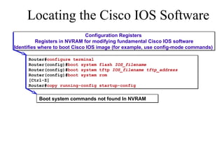 Locating the Cisco IOS Software Configuration Registers  Registers in NVRAM for modifying fundamental Cisco IOS software Identifies where to boot Cisco IOS image (for example, use config-mode commands)  Router# configure terminal Router(config)# boot system flash  IOS_filename Router(config)# boot system tftp  IOS_filename tftp_address Router(config)# boot system rom [Ctrl-Z] Router# copy running-config startup-config Boot system commands not found In NVRAM 