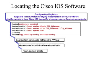 Locating the Cisco IOS Software Configuration Registers  Registers in NVRAM for modifying fundamental Cisco IOS software Identifies where to boot Cisco IOS image (for example, use config-mode commands)  Router# configure terminal Router(config)# boot system flash  IOS_filename Router(config)# boot system tftp  IOS_filename tftp_address Router(config)# boot system rom [Ctrl-Z] Router# copy running-config startup-config Boot system commands not found In NVRAM Get default Cisco IOS software from Flash Flash memory empty 