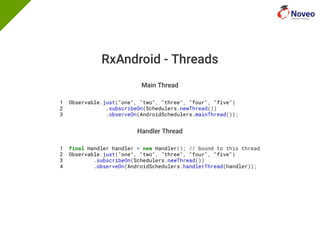RxAndroid - Threads
Main Thread
1 Observable.just("one", "two", "three", "four", "five")
2 .subscribeOn(Schedulers.newThread())
3 .observeOn(AndroidSchedulers.mainThread());
Handler Thread
1 final Handler handler = new Handler(); // bound to this thread
2 Observable.just("one", "two", "three", "four", "five")
3 .subscribeOn(Schedulers.newThread())
4 .observeOn(AndroidSchedulers.handlerThread(handler));
 