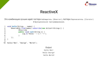 ReactiveX
Это комбинация лучших идей: паттерн Наблюдатель (Observer), паттерн Перечислитель (Iterator)
и функциональное программирование.
1 void hello(String... names) {
2 Observable.from(names).subscribe(new Action1<String>() {
3 @Override
4 public void call(String s) {
5 Log.d("Hello " + s + "!");
6 }
7 });
8 }
9
10 hello("Ben", "George", "World");
Output:
Hello Ben!
Hello George!
Hello World!
 
