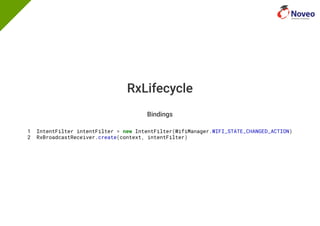 RxLifecycle
Bindings
1 IntentFilter intentFilter = new IntentFilter(WifiManager.WIFI_STATE_CHANGED_ACTION)
2 RxBroadcastReceiver.create(context, intentFilter)
 