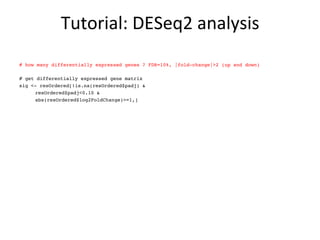 Tutorial:	
  DESeq2	
  analysis	
  
# how many differentially expressed genes ? FDR=10%, |fold-change|>2 (up and down)
# get differentially expressed gene matrix
sig <- resOrdered[!is.na(resOrdered$padj) &
resOrdered$padj<0.10 &
abs(resOrdered$log2FoldChange)>=1,]
 