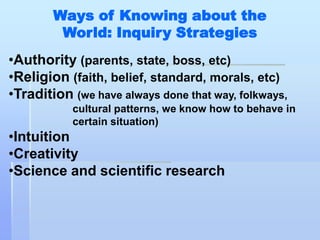 Ways of Knowing about the
         World: Inquiry Strategies
•Authority (parents, state, boss, etc)
•Religion (faith, belief, standard, morals, etc)
•Tradition (we have always done that way, folkways,
           cultural patterns, we know how to behave in
           certain situation)
•Intuition
•Creativity
•Science and scientific research
 